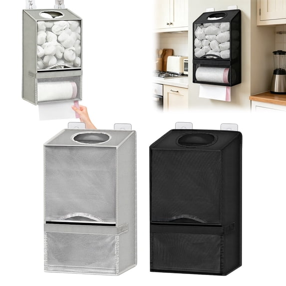 Bag Holder for Grocery Bags - Large Wall Mount Grocery Bag Holder with Dispenser for Kitchen, Oxford Cloth 2-in-1 Space-saving Bags Organizer, Black