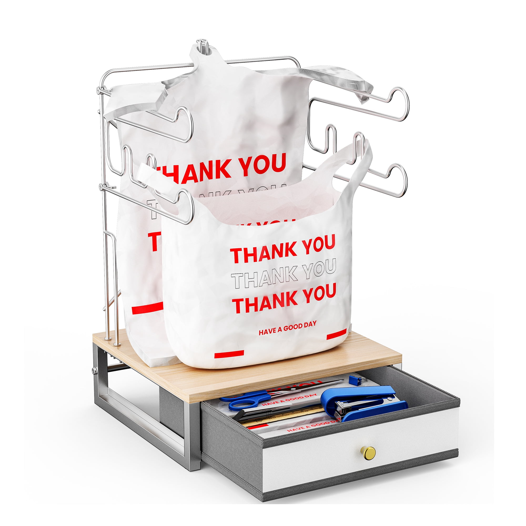 Plastic Bag Organizer with Drawer, Metal Grocery Bag Holder, ATSKIM Detachable Trash Bags Holder Dispenser Storage for T-Shirt, Shopping Bags, for Groceries Store, Supermarket (White)