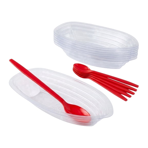The Baker Celebrations Plastic Banana Boats with Red Long Spoons, 50 Pack, Clear Plastic Ice Cream Sundae Bowls