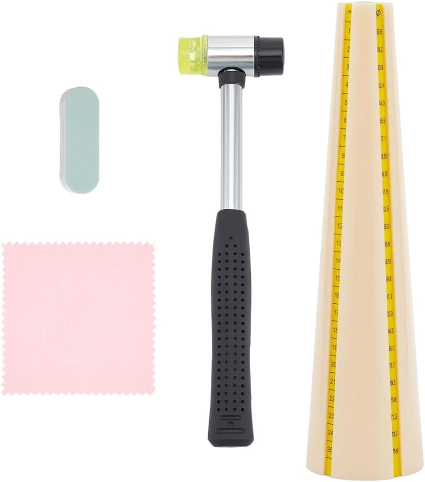 GOMAKERER Plastic Bangle Enlarger Stick Mandrel Sizer Tool Kit for Ring Forming and Jewelry Making including Plastic Hammer Silver Polishing Cloth Antique White 5.6x1.95x0.75cm