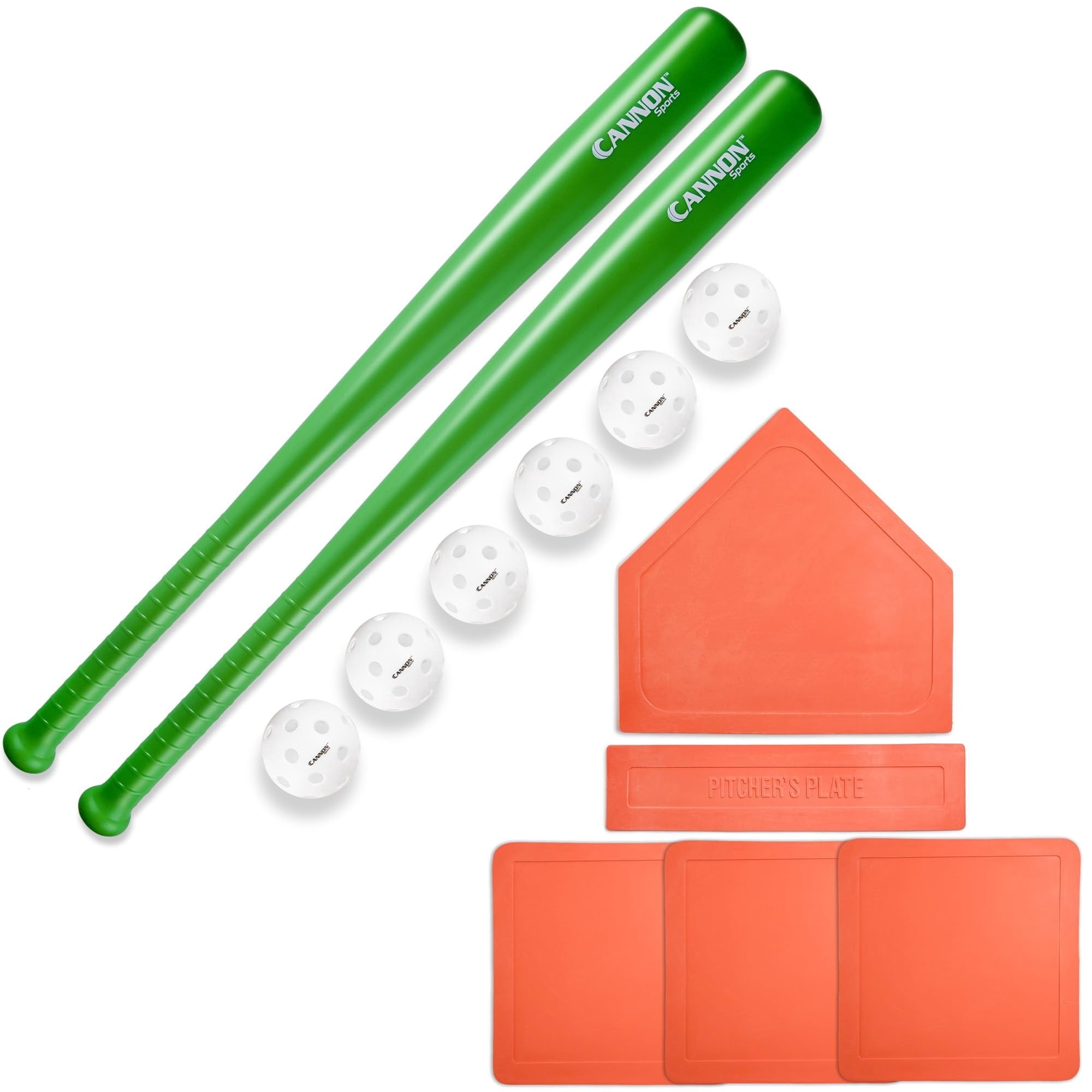 Plastic Baseball Set with Two Bats, 6 Balls and Throwdown Bases (2 Bats + 6 Balls + Orange Bases, Green)