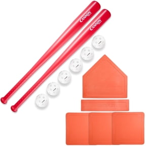 Plastic Baseball Set with Two Bats, 6 Balls and Throwdown Bases (2 Bats + 6 Balls + Orange Bases, Red)
