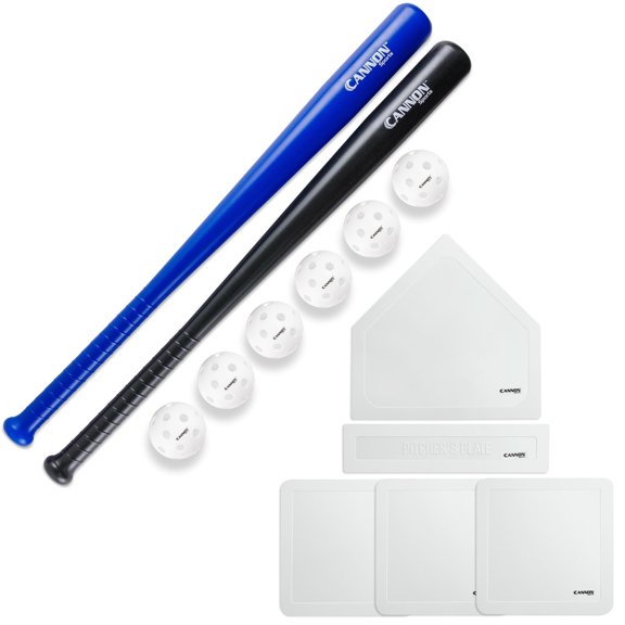 Plastic Baseball Set with Two Bats, 6 Balls and Throwdown Bases (2 Bats + 6 Balls + White Bases, Black/Blue)