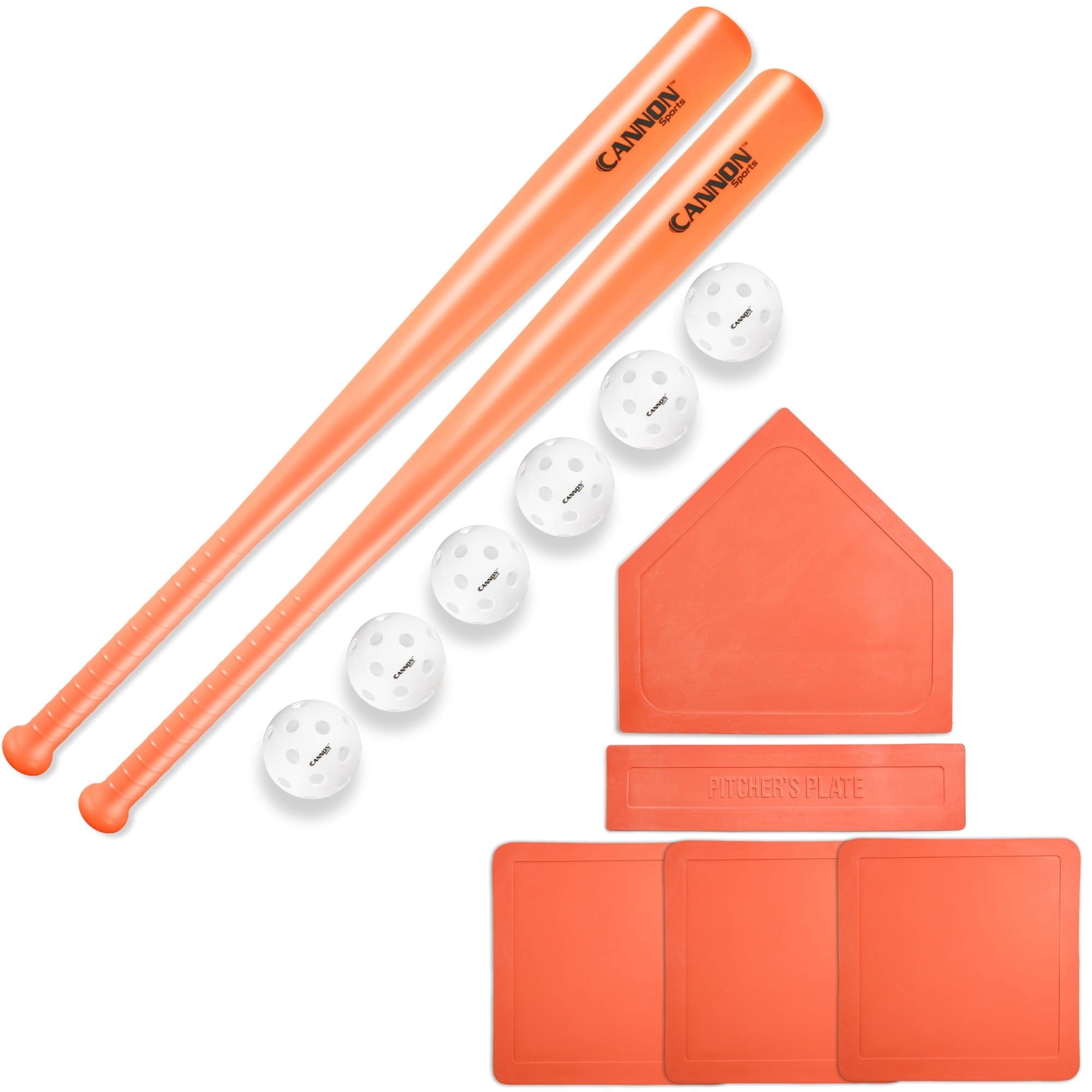 Plastic Baseball Set with Two Bats, 6 Balls and Throwdown Bases (2 Bats + 6 Balls + Orange Bases, Orange)