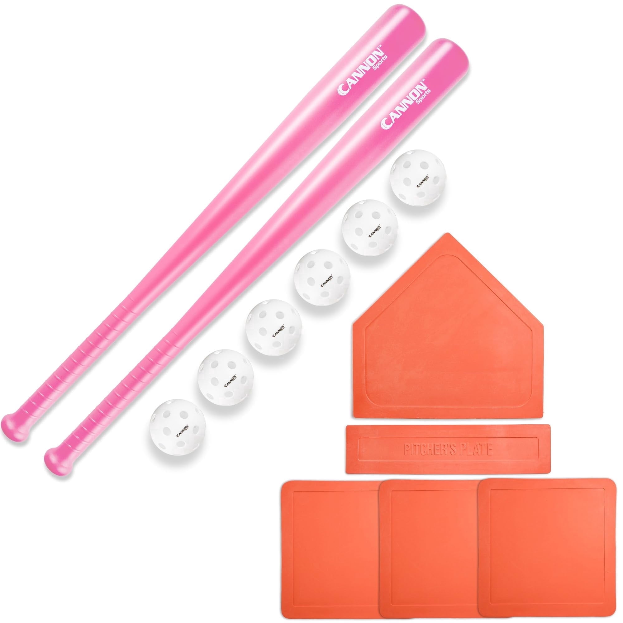 Plastic Baseball Set with Two Bats, 6 Balls and Throwdown Bases (2 Bats + 6 Balls + Orange Bases, Pink)