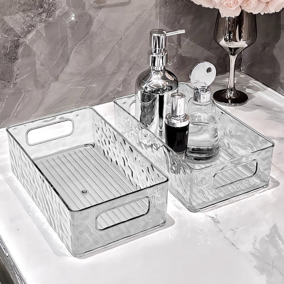 Plastic Bathroom Countertop Storage Box Organizer with Handle and Non Slip Base for Cosmetics Kitchen and Office Supplies