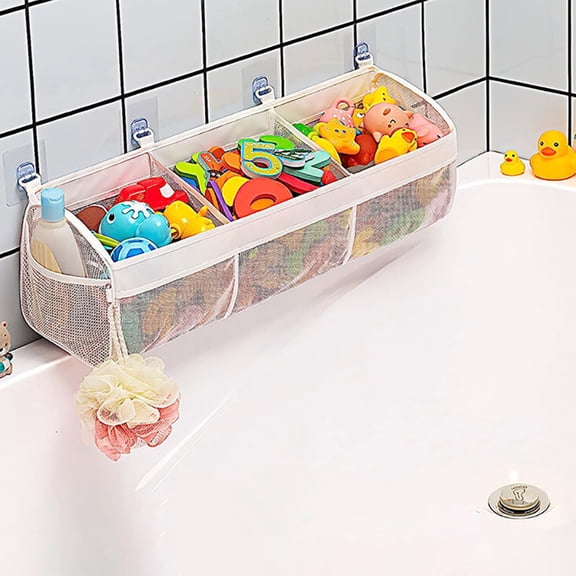 Plastic Bathroom Toy Storage Bag with Suction Cups, Large Capacity Waterproof Organizer, Breathable Mesh Design, Wall-Mounted White Bin for Bath Accessories, 63 x 16 x 20 cm