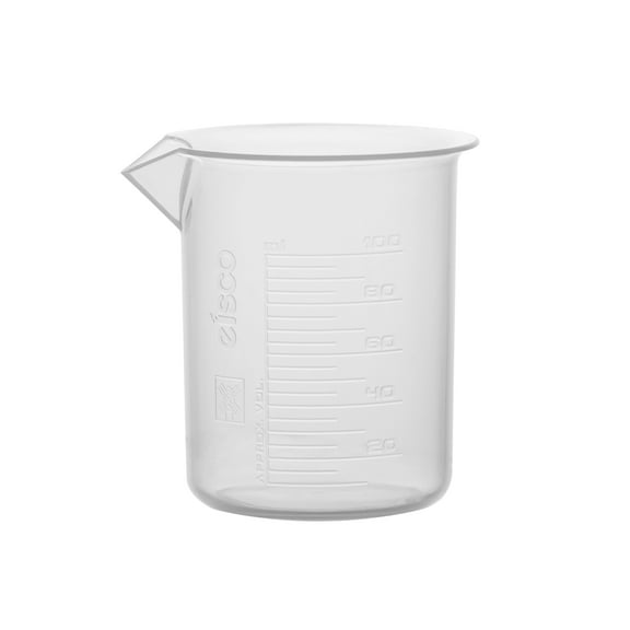 Plastic Beaker, 100ml - Polypropylene Plastic - Raised Graduations, Tapered Spout - Euro Design - Eisco Labs