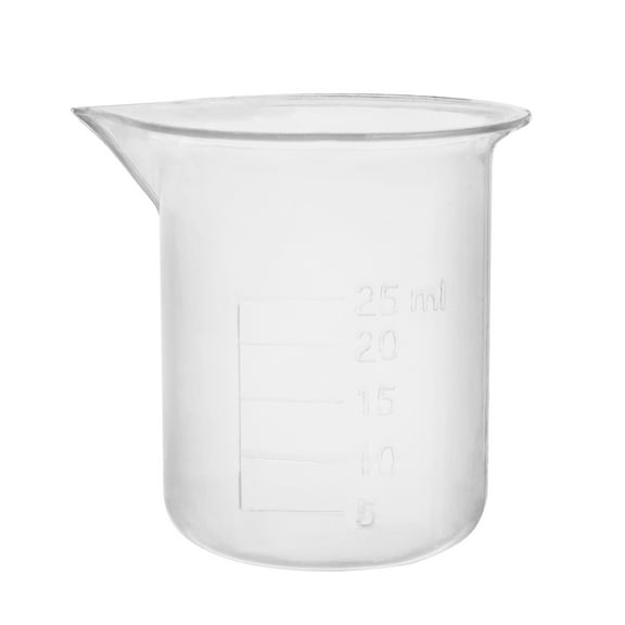 Plastic Beaker, 25ml - Polypropylene Plastic - Raised Graduations, Tapered Spout - Euro Design - Eisco Labs