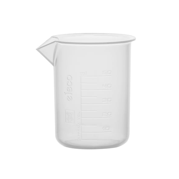 Plastic Beaker, 50ml - Polypropylene Plastic - Raised Graduations, Tapered Spout - Euro Design - Eisco Labs