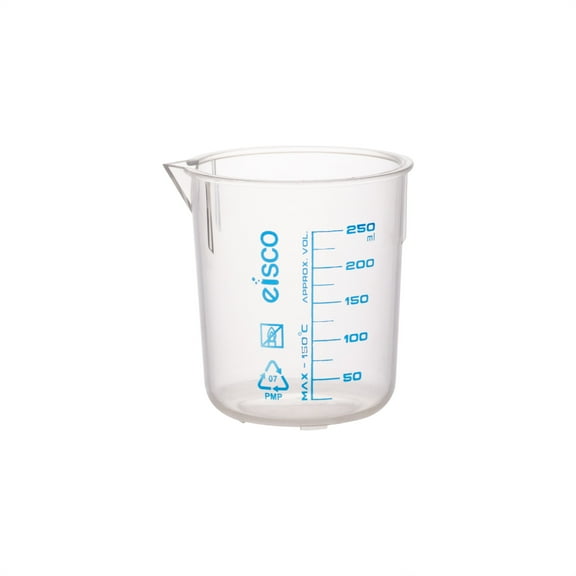 Plastic Beaker with Spout, 250mL - TPX Polymethylpentene (PMP) - Blue Printed Graduations - Eisco Labs