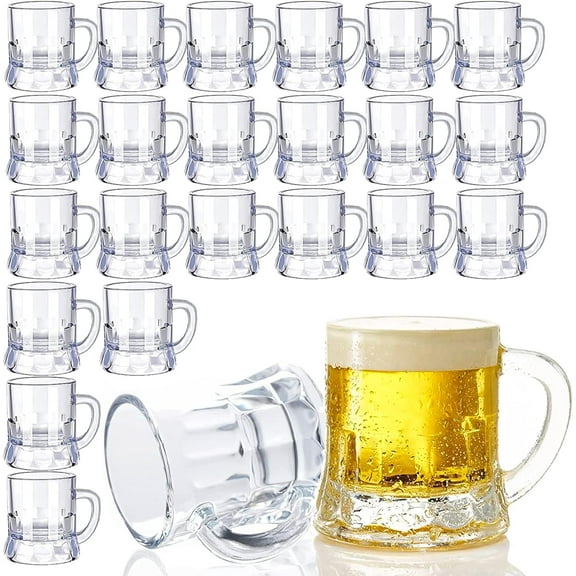 Plastic Beer Mug 2 Oz, 24 PCS Mini Beer Mug Shot Glasses, Heavy Base Clear Mini Beer Mugs, Small Plastic Shot Cups for Party Drink, Beer, Whiskey, Tequila, Vodka