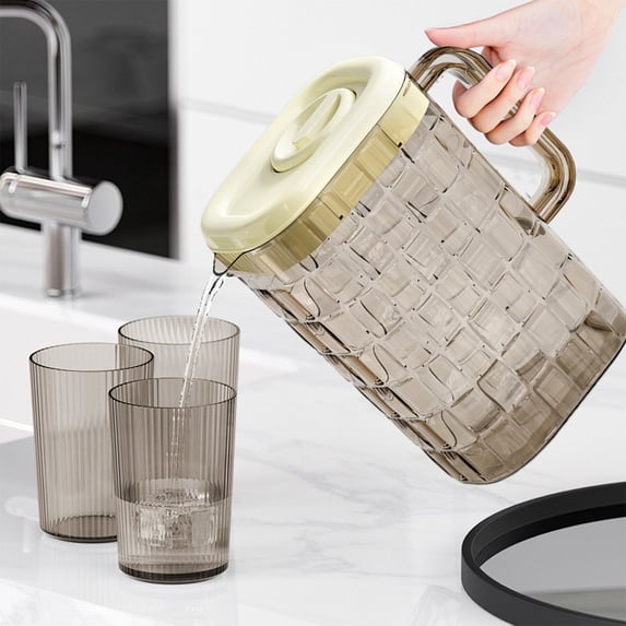 Plastic Beverage Drink Pitcher, 2L Transparent Cold Water Jug with Lid and Handle, Includes One Kettle and Three Cups