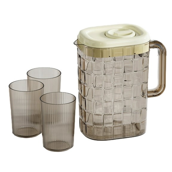 Plastic Beverage Drink Pitcher with Lid and Handle Water Juice Cold Dispenser Jug 2000ml Large Capacity Ribbed Design for Bar Home Kitchen Coffee Shop Restaurant Use Includes 3 Cups Beige
