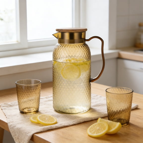 Plastic Beverage Pitcher With Wooden Lid And Built In Strainer, Heat Resistant PC Material, Diamond Pattern Design, Ergonomic Handle, 1L Juice Tea Water Jug For Home Kitchen Dining Table Use