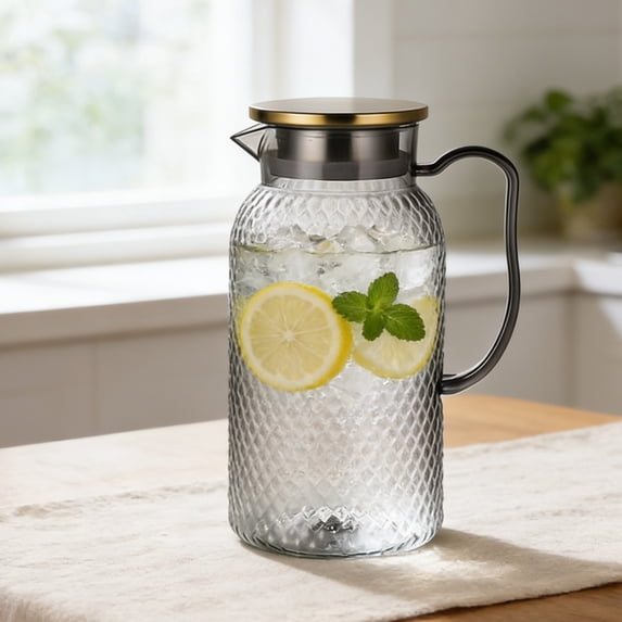 Plastic Beverage Pitcher with Stainless Steel Lid and Built-In Strainer for Hot and Cold Drinks