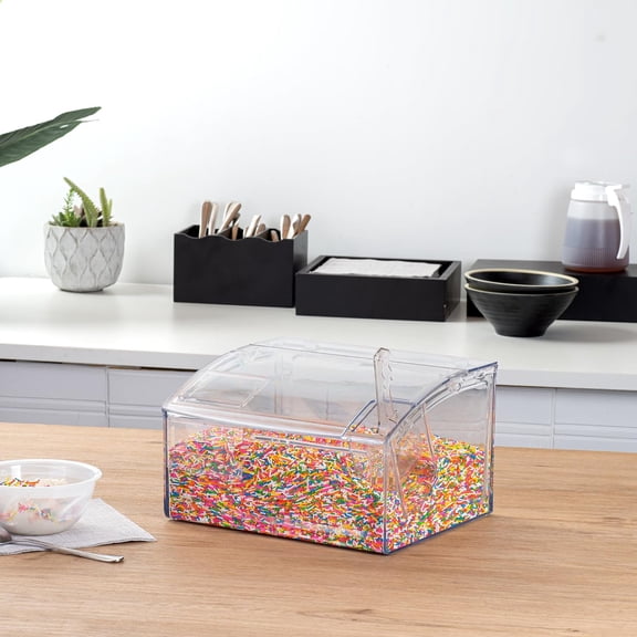 Plastic Bin 1 Case 2 Gal Shatterproof Clear Plastic Food Storage Container Topping Bin With Scoop Transparent Polycarbonate High-Capacity Commercial Kitchen Use