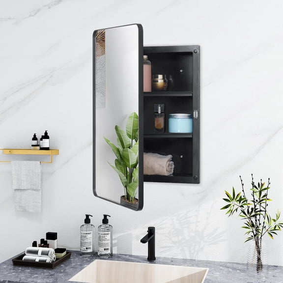 Plastic Black Medicine Cabinet, Beveled Edge Mirror Door with Round Corner Metal Frame, Recessed and Surface Mount Bathroom Medicine Cabinet, 16 x 24 inch Mirror Size