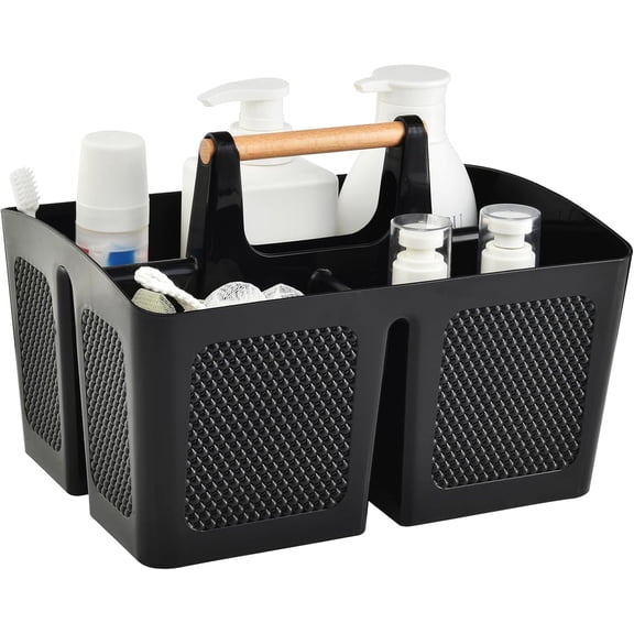 Plastic Black Shower Caddy Basket with 3 Compartments, Portable Divided Bathroom Cleaning Caddy Organizer Storage Tote with Handle for Dorm, College, Room Essentials