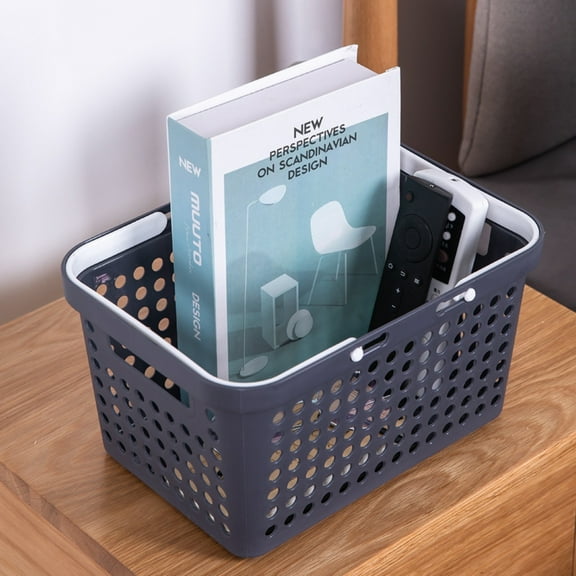 Plastic Book Basket with Handles, Heavy Duty Portable Storage Organizer, Cleaning Supply for Dorm, Offfice, Camping, Travel, Home (Dark Grey/1 Pack) 10.63x5.71x7.68"