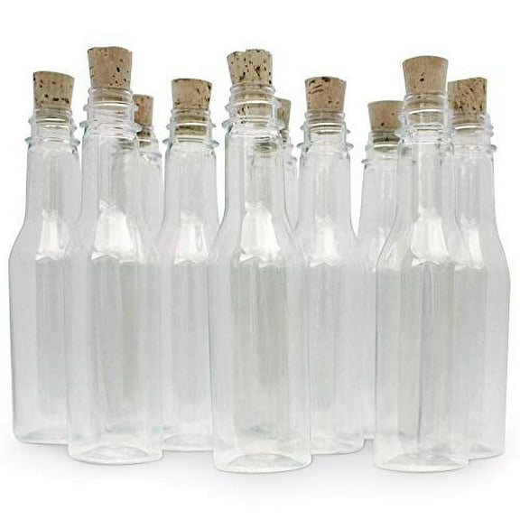 Plastic Bottles & Corks for Bottle Invitations, Announcements, Favors, Kitchen, Portion Bottles, Sand Art, School/Kids Projects- Clear plastic, Height: 7" Tall, Capacity: 165ml, 5.5oz, Food grade