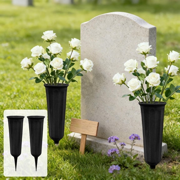 Plastic Bouquet Holder 2Pcs Black Memorial Flower Vases With Stakes 9.84x2.95" Outdoor Ground Vases For Fresh And Artificial Flowers NCHKUN