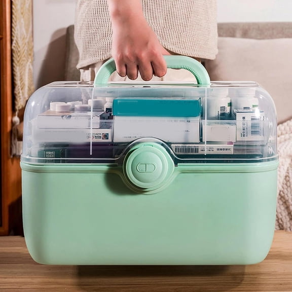 Plastic Box First Aid Storage Containers 3-Tier Fold Tray with Removable Pill Case Empty Medication Organizer with Handled for Home, School and Travel-Cyan