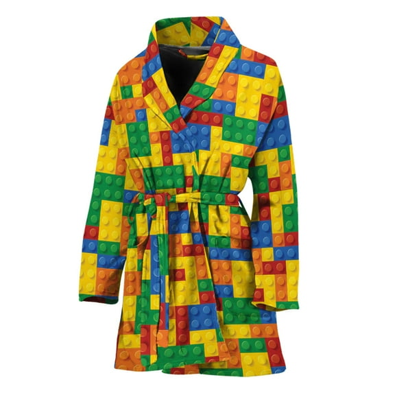Plastic Building Blocks Pattern Women Bathrobe One Size Univeral Fits Fashion Lightweight Plush Fleece Long Robe For Women