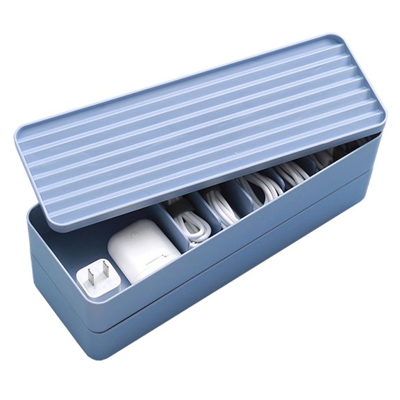 Plastic Cable Organizer Box with Compartments, Desk Accessories Storage Case with Lid and Wire Ties, double-deckblue