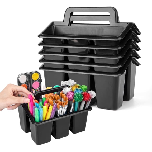Plastic Caddy With Handle,Protable Classroom Craft Caddy, 6-pack Storage Caddy For Pencil,Pen,Craft Tools (Black)