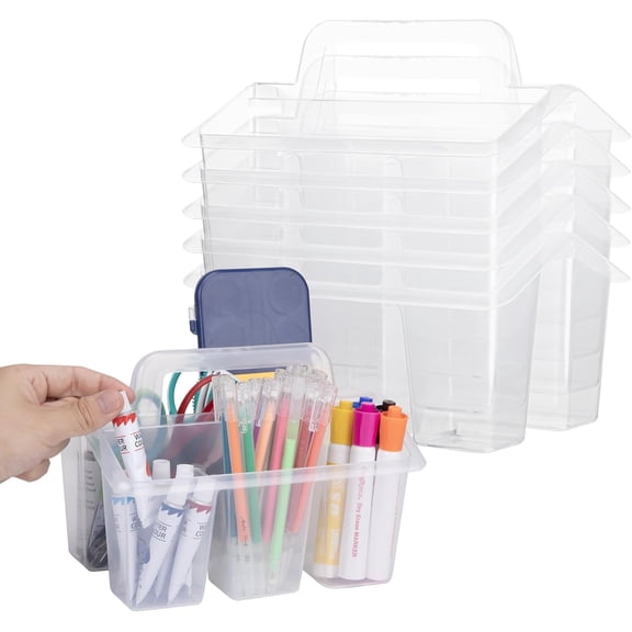 Plastic Caddy With Handle,Protable Classroom Craft Caddy, 6-pack Storage Caddy For Pencil,Pen,Craft Tools (Clear)