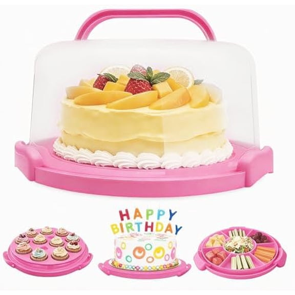 Plastic Cake Carrier with Lid and Handle, Multipurpose Cake Stand Holder Container for 11 in Cake, Round Cupcake Storage Box Serving Tray with Cover for Bundt Dessert Pie Pizza Eggs Rose Pink