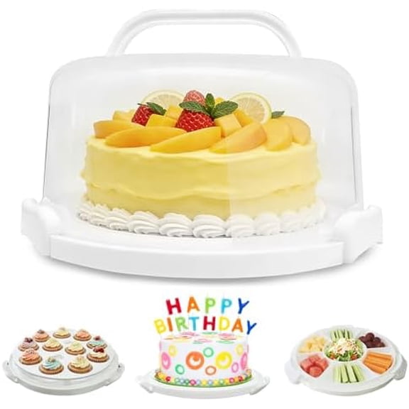 Plastic Cake Carrier with Lid and Handle, Multipurpose Cake Stand Holder Container for 11 in Cake, Round Cupcake Storage Box Serving Tray with Cover for Bundt Dessert Pie Pizza Eggs Fruit White