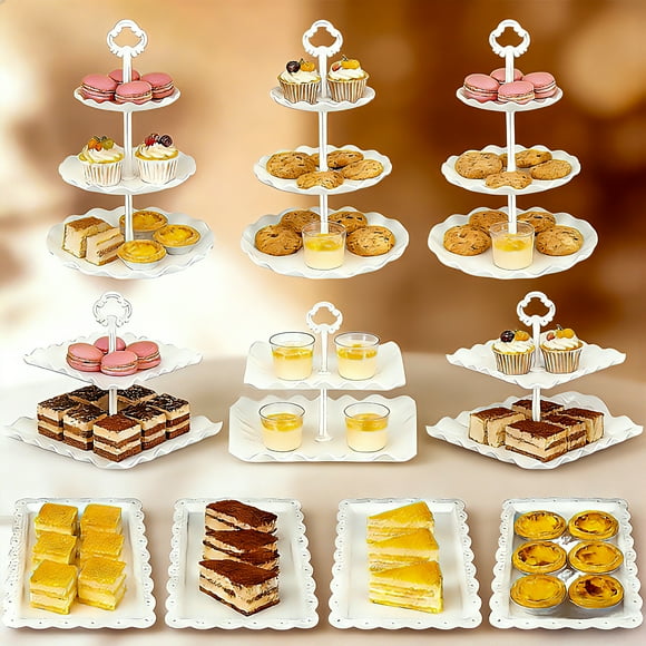 10 PCS Plastic Cake and Cupcake Stand Set, Cupcake Stand Holder, Dessert Table Display Set, Candy Cake Tiered Tray, 3 Tier Trays for Tea Party, Wedding Bridal Birthday Party Decorations