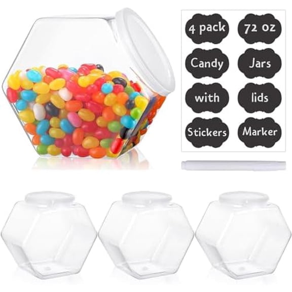 Plastic Candy Jars 72oz Set of 4, Hexagon Candy Containers with Airtight Lids for Candy Buffet, Kitchen Storage Containers Set