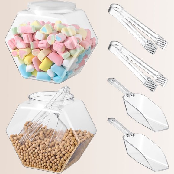 Plastic Candy Jars Hexagon Shape Clear with Lids, Candy Scoops Serving Tongs Wide Mouth Containers for Kitchen Table Display Party