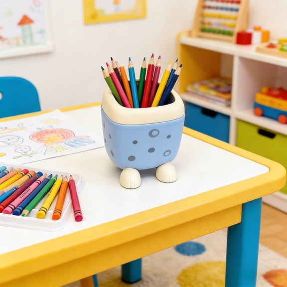 Plastic Cartoon Pen Holder Desk Organizer - Compact Desktop Stationery Storage Box for Office Home Decor, 3.54x3.54x4.72 Inches