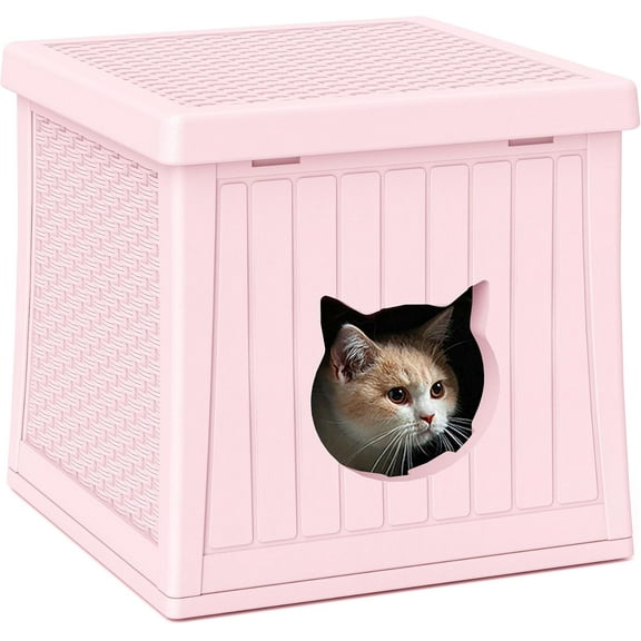 Plastic Cat House for Indoor Use, Weatherproof Outdoor Cat House for Feral Cats, Unique Cat Shelter for Small Pet, Spacious, Easy to Assemble, Peach Pink