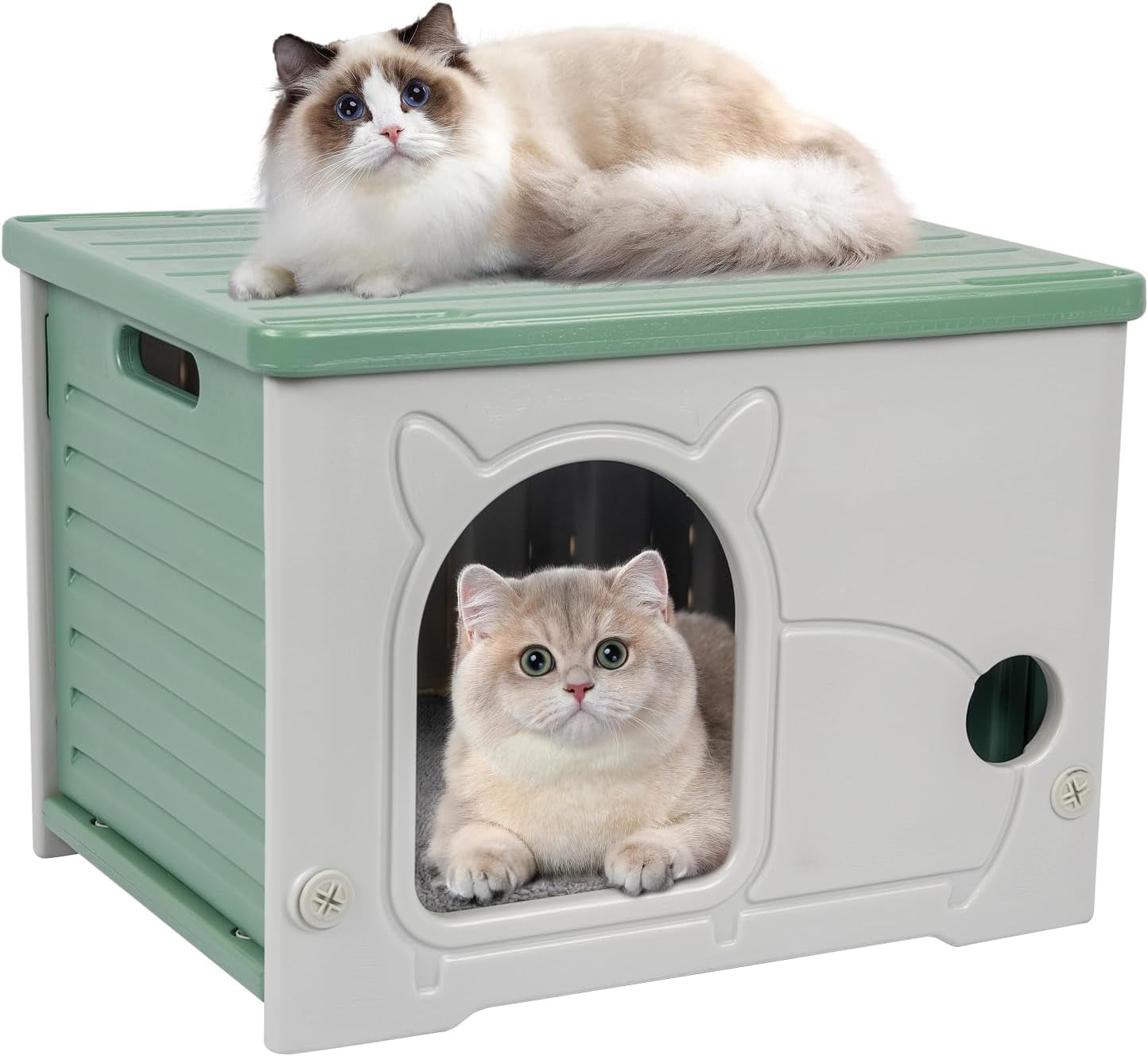 Plastic Cat House for Indoor Outdoor, Weatherproof Outside Cat House for Feral Cat, Stackable Cat Shelter with Plush Cushion (Green)