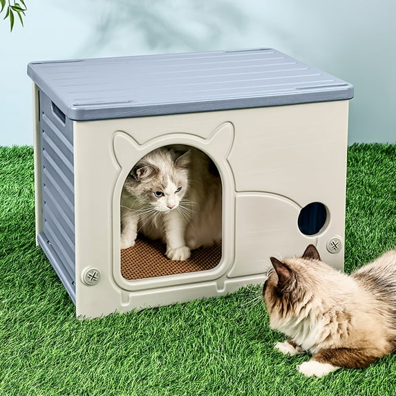 Plastic Cat House for Indoor Outdoor, Weatherproof Outside Cat House for Feral Cat, Stackable Cat Shelter with Plush Cushion