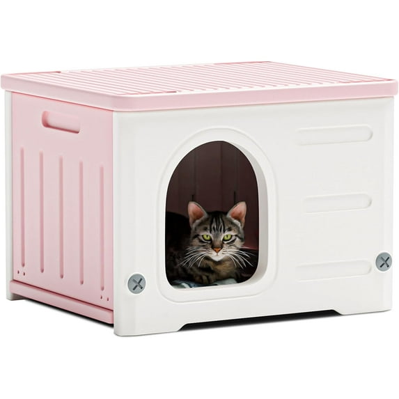 Plastic Cat House for Outdoor Indoor Use, Stackable Feral Cat Shelter Indoor Cat House Weatherproof Waterproof Elevated (Pink)