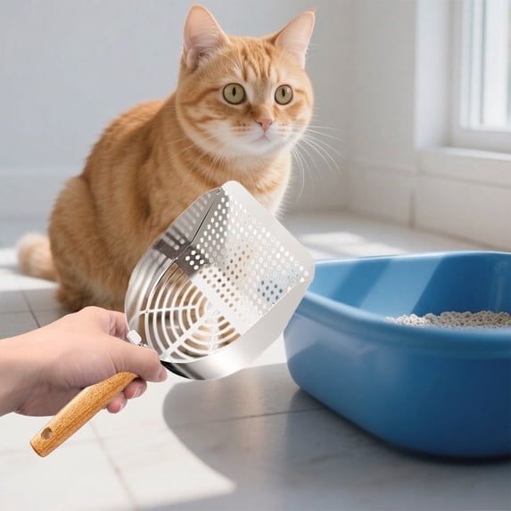 Plastic Cat Litter Scoop with Fine Hole Screen - Large Stainless Steel Poop Shovel for Clumping Litter Box - Ergonomic Non-Slip Handle, Splash-Proof Design, 15cm Wide Shovel Head