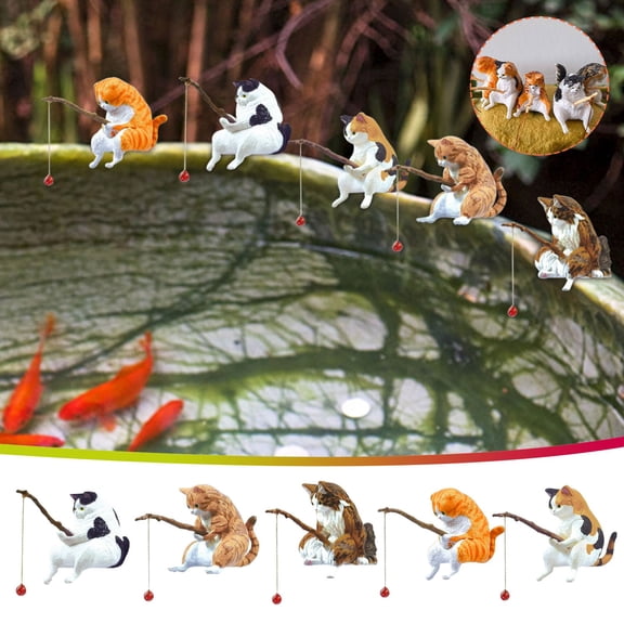 Plastic Cat Statue Aquarium Water Tank Decoration, Cute Cat Fishing Figure Ornament, Lovely Cats Sculpture for Fish Tank, Desk, Shelf, Home Party Supplies