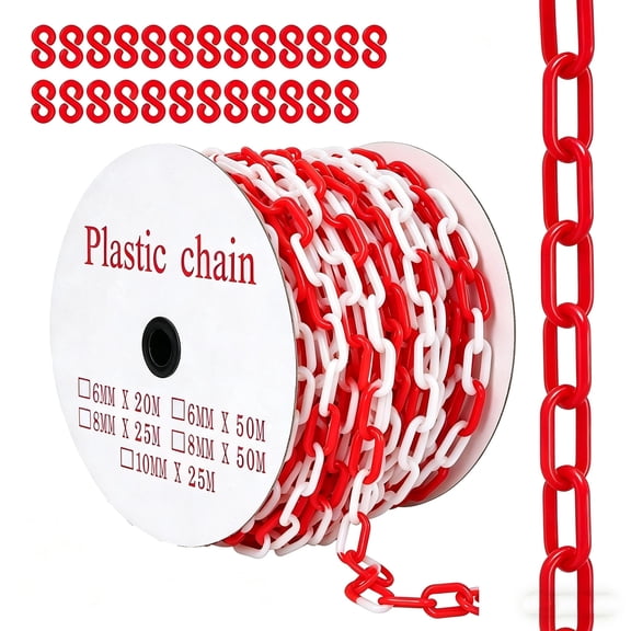 Plastic Chain, 120FT Safety Chain Barrier with 25 Hooks, UV Resistant Plastic Chain Links for Crowd Control, Parking Lots, Construction Sites, Driveways & Queue Lines