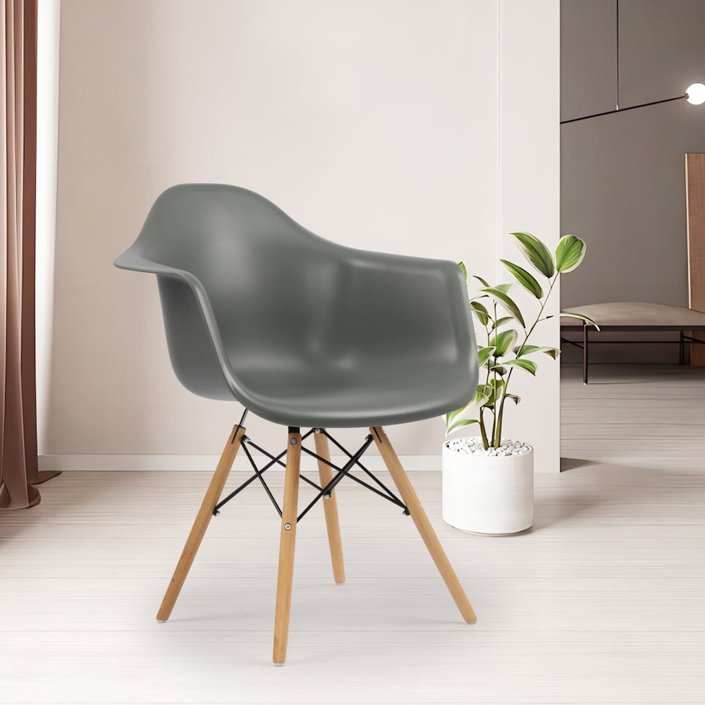 Plastic Chair with Arms and Wooden Legs, Gray, Set of 4