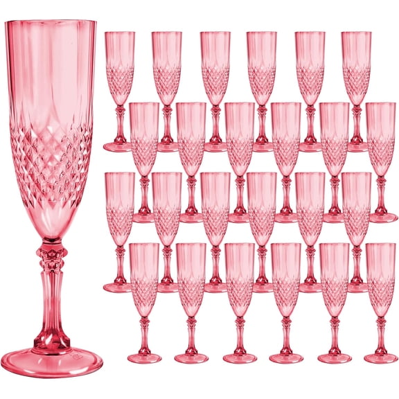 Plastic Champagne Flutes, 24PCS Pink Plastic Wine Glasses Goblets Reusable Champagne Flute for Weddings, Bachelor Parties, Toasting, and Events (24, Pink)