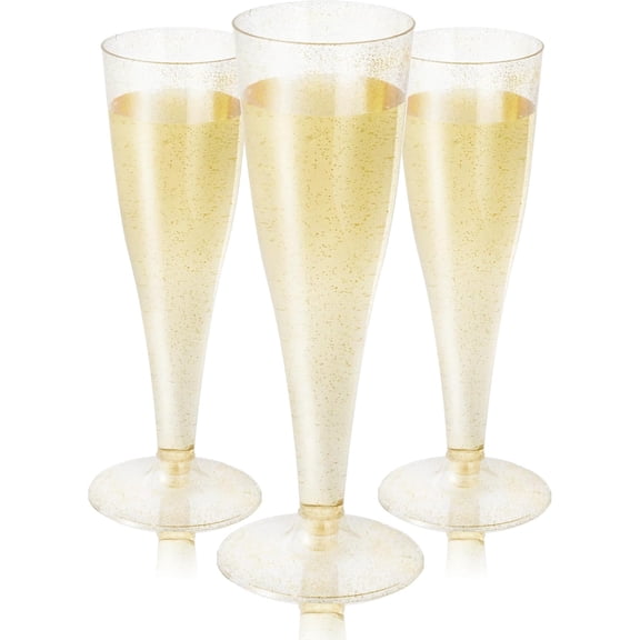"Plastic Champagne Flutes, 4.5 Oz Gold Glitter Plastic Disposable Champagne Glasses suitable for Party, Wedding, Birthday, Cocktail Cups