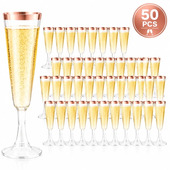 Plastic Champagne Flutes, 50 Pack 5 oz Plastic Champagne Flutes with Gold Rim, Disposable Champagne Toasting Glasses for Wedding Birthday Party Wine Tasting New Years Eve Party Supplies