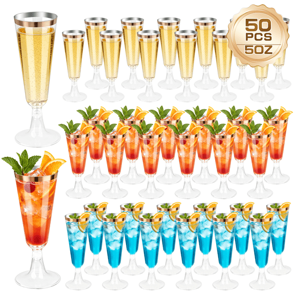 Plastic Champagne Flutes, 50 Pack 5 oz Plastic Champagne Flutes with Gold Rim, Disposable Champagne Toasting Glasses for Wedding Birthday Party Wine Tasting New Years Eve Party Supplies