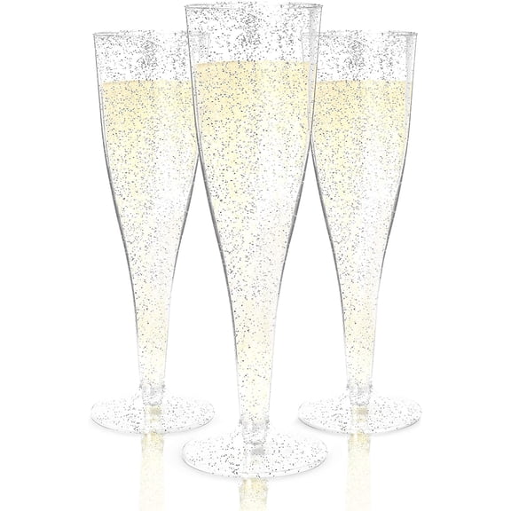 Plastic Champagne Flutes Disposable - 10 Pack | Silver Glitter Plastic Champagne Glasses for Parties | Glitter Clear Plastic Cups | Plastic Toasting Glasses | Mimosa Glasses